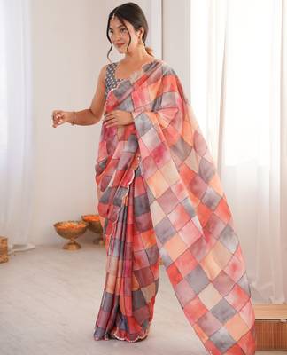 Chiffon digital print scallped border foil mirror work saree 5