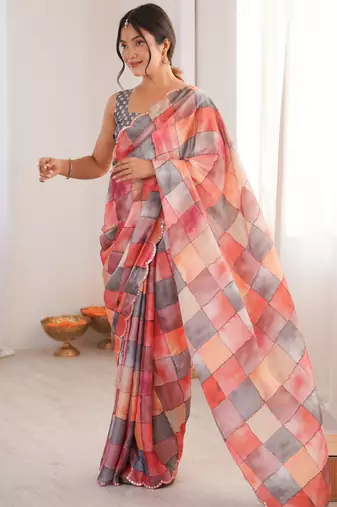 Chiffon digital print scallped border foil mirror work saree