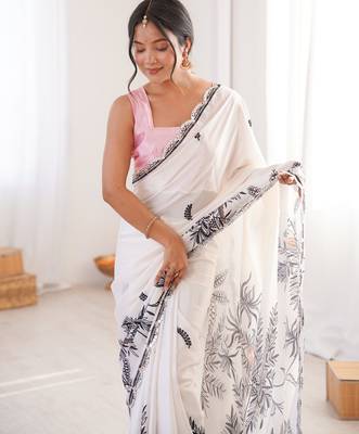 Chiffon digital print scallped border foil mirror work saree 3