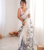 Chiffon digital print scallped border foil mirror work saree