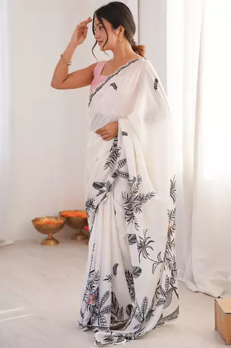 Chiffon digital print scallped border foil mirror work saree