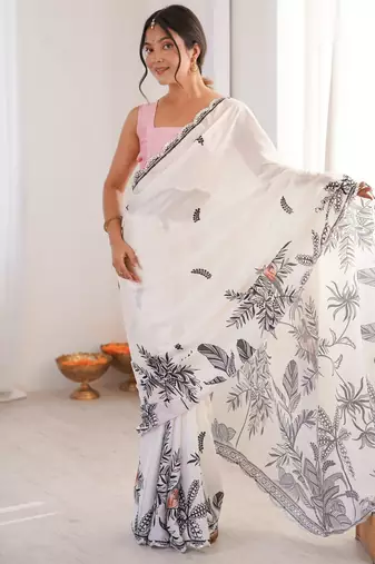 Chiffon digital print scallped border foil mirror work saree