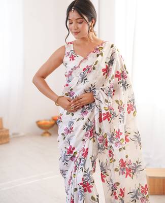 Chiffon digital print scallped border foil mirror work saree 3