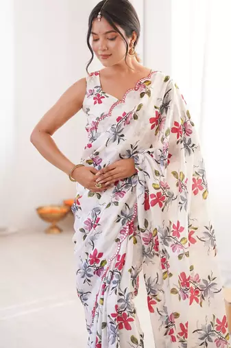 Chiffon digital print scallped border foil mirror work saree