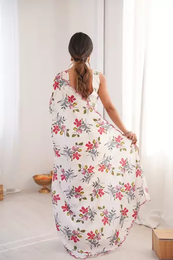 Chiffon digital print scallped border foil mirror work saree