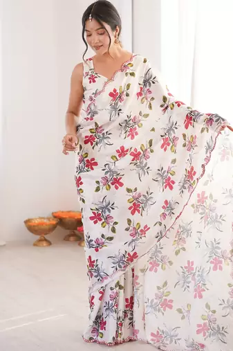 Chiffon digital print scallped border foil mirror work saree