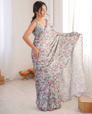 Chiffon digital print scallped border foil mirror work saree 2