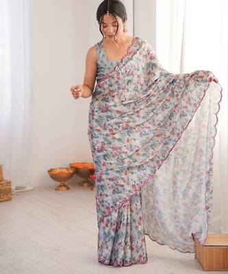 Chiffon digital print scallped border foil mirror work saree 3