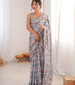Chiffon digital print scallped border foil mirror work saree