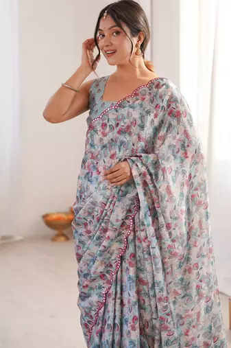 Chiffon digital print scallped border foil mirror work saree