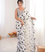 Chiffon digital print scallped border foil mirror work saree