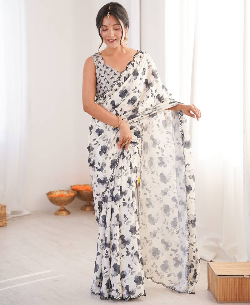 Chiffon digital print scallped border foil mirror work saree