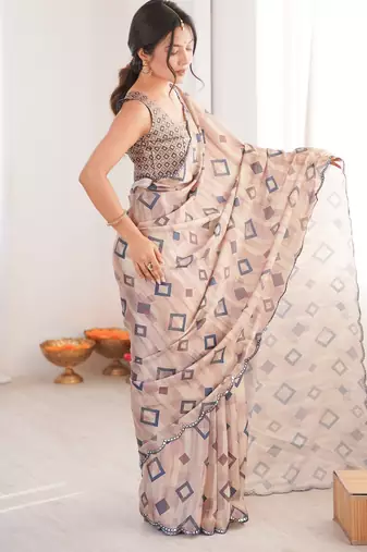 Chiffon digital print scallped border foil mirror work saree