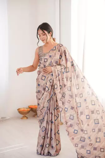 Chiffon digital print scallped border foil mirror work saree