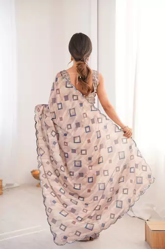 Chiffon digital print scallped border foil mirror work saree