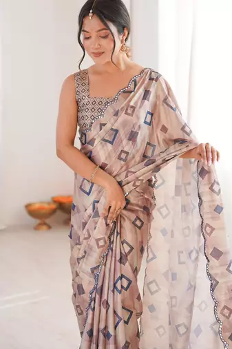 Chiffon digital print scallped border foil mirror work saree