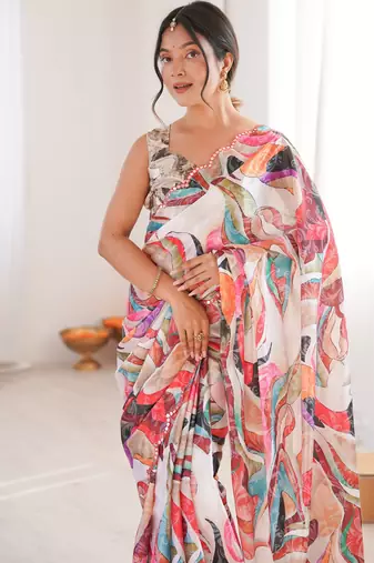 Chiffon digital print scallped border foil mirror work saree
