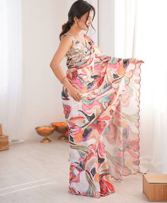 Chiffon digital print scallped border foil mirror work saree 5
