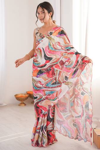 Chiffon digital print scallped border foil mirror work saree