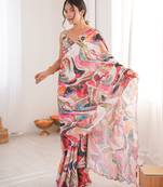 Chiffon digital print scallped border foil mirror work saree