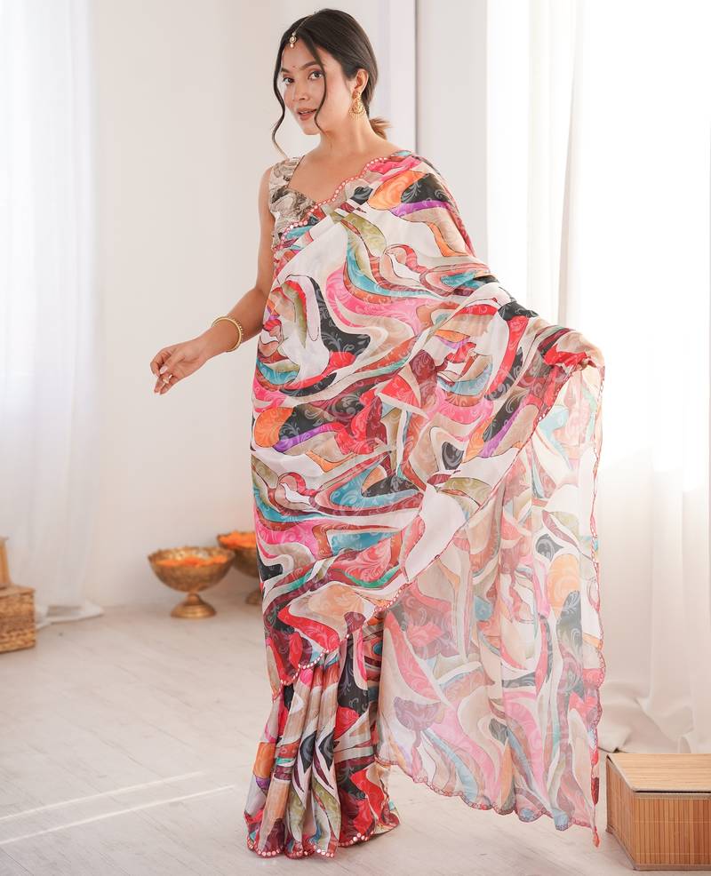 Chiffon digital print scallped border foil mirror work saree