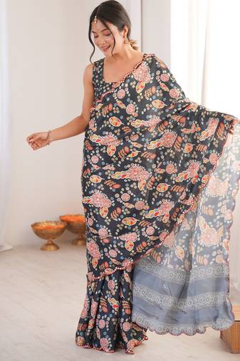 Chiffon digital print scallped border foil mirror work saree