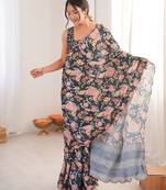 Chiffon digital print scallped border foil mirror work saree