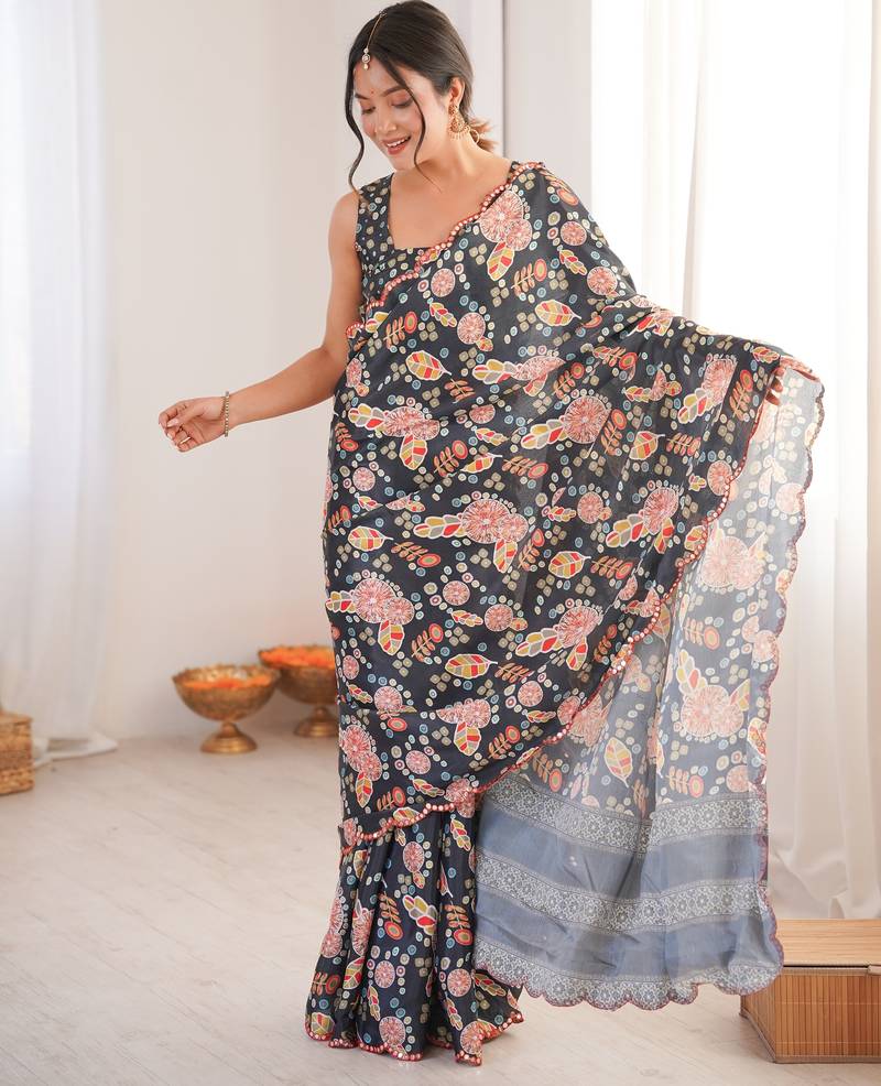 Chiffon digital print scallped border foil mirror work saree