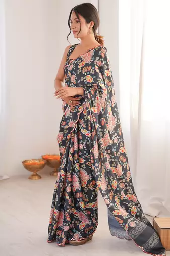 Chiffon digital print scallped border foil mirror work saree
