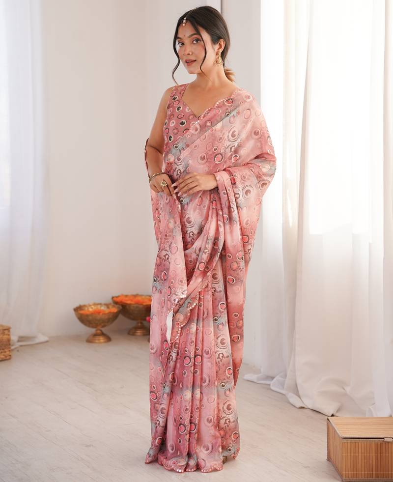 Chiffon digital print scallped border foil mirror work saree