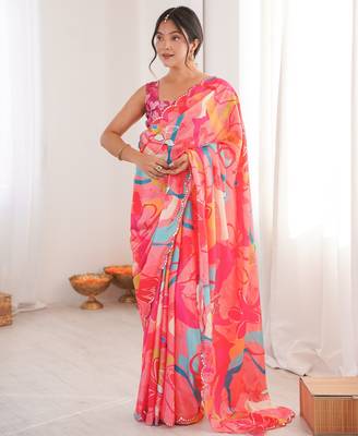 Chiffon digital print scallped border foil mirror work saree 1