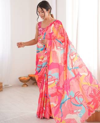 Chiffon digital print scallped border foil mirror work saree 2