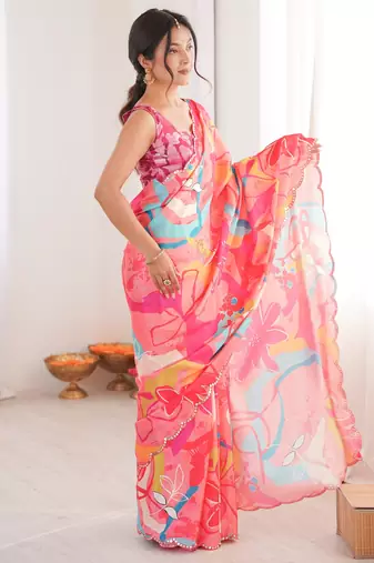 Chiffon digital print scallped border foil mirror work saree