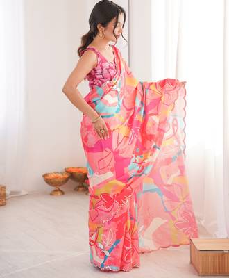 Chiffon digital print scallped border foil mirror work saree 5