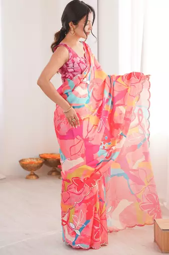 Chiffon digital print scallped border foil mirror work saree
