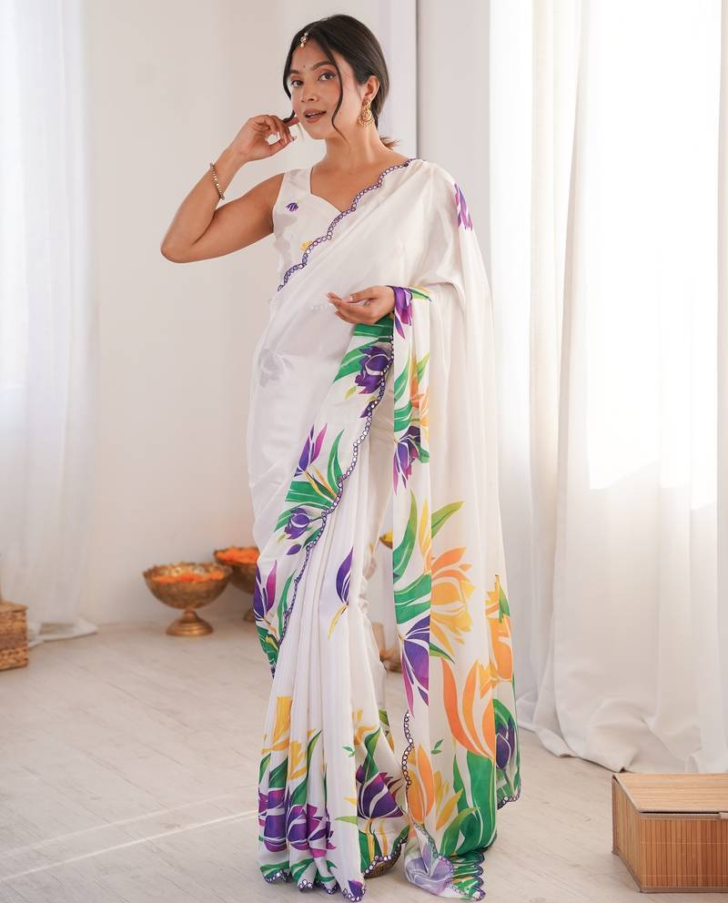 Chiffon digital print scallped border foil mirror work saree