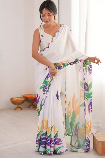 Chiffon digital print scallped border foil mirror work saree