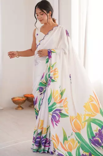 Chiffon digital print scallped border foil mirror work saree