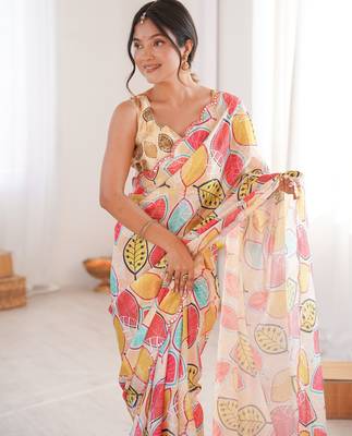 Chiffon digital print scallped border foil mirror work saree 2