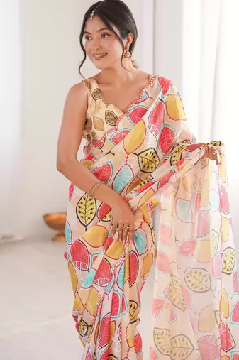 Chiffon digital print scallped border foil mirror work saree