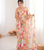 Chiffon digital print scallped border foil mirror work saree