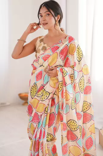 Chiffon digital print scallped border foil mirror work saree