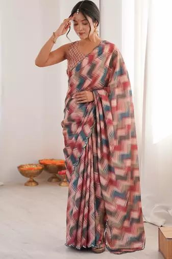 Chiffon digital print scallped border foil mirror work saree