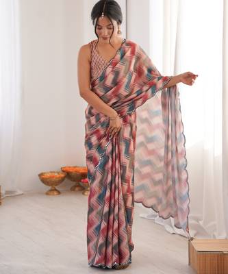 Chiffon digital print scallped border foil mirror work saree 4