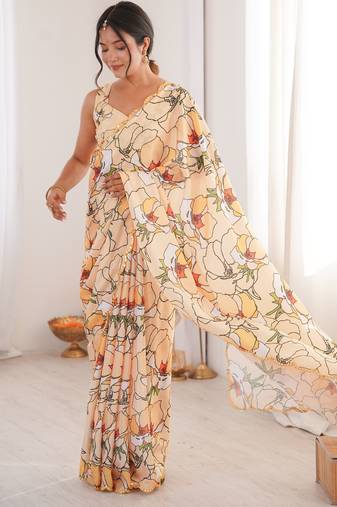 Chiffon digital print scallped border foil mirror work saree