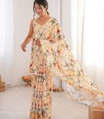 Chiffon digital print scallped border foil mirror work saree