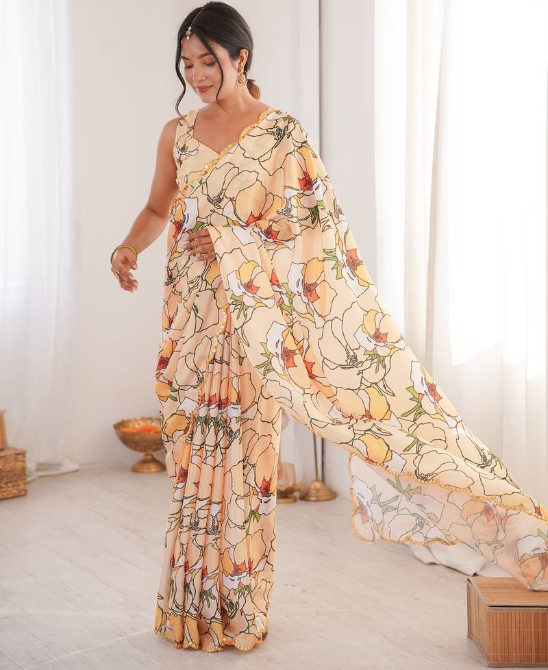 Chiffon digital print scallped border foil mirror work saree