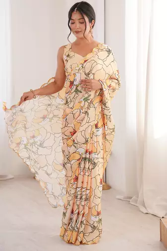 Chiffon digital print scallped border foil mirror work saree