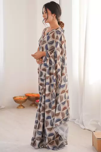 Chiffon digital print scallped border foil mirror work saree