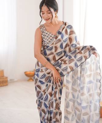 Chiffon digital print scallped border foil mirror work saree 3